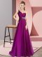 Modern Fuchsia Criss Cross One Shoulder Beading Dress for Prom Chiffon Sleeveless Brush Train
