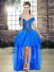 Blue A-line Tulle Off The Shoulder Sleeveless Beading and Ruffles High Low Lace Up Prom Dress
