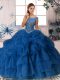 Fabulous Organza Scoop Sleeveless Brush Train Zipper Beading and Pick Ups Quinceanera Gown in Royal Blue