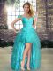 Luxurious High Low Lace Up Aqua Blue for Prom and Party with Beading and Ruffles