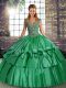 Ideal Straps Sleeveless 15 Quinceanera Dress Floor Length Beading and Ruffled Layers Green Taffeta
