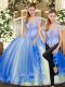 Blue Two Pieces Strapless Sleeveless Tulle Floor Length Lace Up Beading and Ruffles Ball Gown Prom Dress