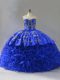 Fabric With Rolling Flowers Sweetheart Sleeveless Lace Up Embroidery and Ruffles 15th Birthday Dress in Royal Blue
