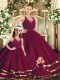Burgundy Ball Gowns V-neck Sleeveless Tulle Floor Length Backless Ruffled Layers Ball Gown Prom Dress