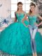 Stunning Aqua Blue Off The Shoulder Neckline Beading and Ruffles Quinceanera Gown Sleeveless Lace Up