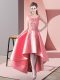 Sleeveless Satin High Low Zipper Dama Dress in Watermelon Red with Lace