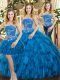 Superior Blue Sleeveless Beading and Ruffles Floor Length Quince Ball Gowns