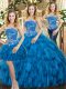 Superior Blue Sleeveless Beading and Ruffles Floor Length Quince Ball Gowns