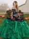 Flare Green Sleeveless Floor Length Embroidery and Ruffles Lace Up Ball Gown Prom Dress