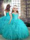 Aqua Blue Lace Up Little Girl Pageant Gowns Beading and Ruffles Sleeveless Floor Length
