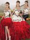 Luxury Floor Length Lace Up Quinceanera Dresses White And Red for Military Ball and Sweet 16 and Quinceanera with Embroidery and Ruffles