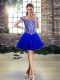 Fabulous Royal Blue Ball Gowns Off The Shoulder Sleeveless Tulle Mini Length Lace Up Beading and Appliques Prom Dress