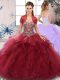 Burgundy Tulle Lace Up Off The Shoulder Sleeveless Floor Length Sweet 16 Quinceanera Dress Beading and Ruffles