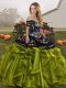 Olive Green Ball Gowns Off The Shoulder Sleeveless Organza Floor Length Lace Up Embroidery and Ruffles Quinceanera Dress