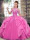 Cheap Rose Pink Halter Top Lace Up Beading and Ruffles Quinceanera Gown Sleeveless