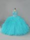 On Sale Sleeveless Floor Length Beading and Ruffles Lace Up Quinceanera Gowns with Aqua Blue
