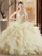Brush Train Ball Gowns Quinceanera Dress Champagne Halter Top Organza Sleeveless