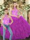 Fine Fuchsia Sleeveless Floor Length Embroidery and Ruffles Lace Up Vestidos de Quinceanera