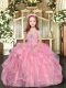 Baby Pink Ball Gowns Organza Straps Sleeveless Beading Floor Length Lace Up Kids Formal Wear