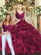Burgundy Ball Gowns Organza V-neck Sleeveless Pick Ups Floor Length Backless Quinceanera Dresses