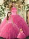 Hot Pink Ball Gowns Beading and Ruffles 15 Quinceanera Dress Backless Tulle Sleeveless Floor Length