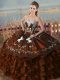 Custom Made Sleeveless Satin and Organza Floor Length Lace Up Vestidos de Quinceanera in Brown with Embroidery and Ruffles