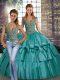 Unique Sleeveless Floor Length Beading and Ruffled Layers Lace Up Quinceanera Gown with Teal