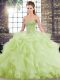 Fashion Tulle Sweetheart Sleeveless Brush Train Lace Up Beading and Ruffles Quinceanera Dresses in Yellow Green