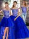 Royal Blue Tulle Lace Up Off The Shoulder Sleeveless Ball Gown Prom Dress Brush Train Beading and Lace