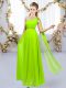 Edgy Yellow Green One Shoulder Lace Up Beading and Hand Made Flower Vestidos de Damas Sleeveless