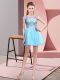 Baby Blue A-line Bateau Sleeveless Tulle Mini Length Zipper Beading Prom Party Dress