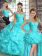 Sophisticated Aqua Blue Organza Lace Up Off The Shoulder Sleeveless Floor Length Quinceanera Dresses Beading and Ruffles