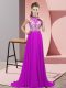Amazing Sleeveless Chiffon Brush Train Backless Prom Dresses in Fuchsia with Beading