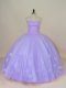 Captivating Sleeveless Floor Length Beading and Hand Made Flower Backless Quince Ball Gowns with Lavender