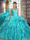 Aqua Blue Lace Up Quinceanera Gown Beading and Ruffles Sleeveless Brush Train