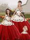 Fitting Organza Off The Shoulder Sleeveless Lace Up Embroidery Quinceanera Gown in White And Red