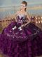 Purple Sleeveless Floor Length Embroidery and Ruffles Lace Up Ball Gown Prom Dress