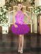 Customized Fuchsia Sleeveless Mini Length Embroidery and Ruffles Lace Up