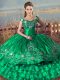 Fitting Green Ball Gowns Organza Off The Shoulder Sleeveless Embroidery and Ruffled Layers Floor Length Lace Up Quinceanera Dress