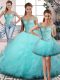 Flare Tulle Off The Shoulder Sleeveless Lace Up Beading and Ruffles Ball Gown Prom Dress in Aqua Blue