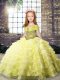 Organza Straps Sleeveless Brush Train Lace Up Beading and Ruffled Layers Winning Pageant Gowns in Yellow
