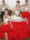 Romantic Floor Length Lace Up Quinceanera Gowns White And Red for Military Ball and Sweet 16 and Quinceanera with Embroidery and Ruffles