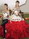 Hot Selling Off The Shoulder Sleeveless Quince Ball Gowns Floor Length Embroidery and Ruffles White And Red Organza
