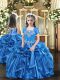 Baby Blue Organza Lace Up Girls Pageant Dresses Sleeveless Floor Length Beading and Ruffles