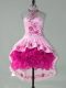 Gorgeous Pink Ball Gowns Satin and Organza Halter Top Sleeveless Embroidery and Ruffles High Low Lace Up Party Dress for Girls