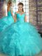 Fancy Aqua Blue Sleeveless Organza Lace Up Sweet 16 Quinceanera Dress for Military Ball and Sweet 16 and Quinceanera