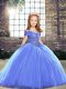 Blue Kids Pageant Dress Tulle Brush Train Sleeveless Beading