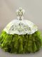 Halter Top Sleeveless Quince Ball Gowns Floor Length Embroidery and Ruffles Olive Green Organza