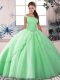 Adorable Off The Shoulder Sleeveless 15 Quinceanera Dress Brush Train Beading Apple Green Tulle