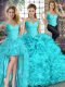 Off The Shoulder Sleeveless 15th Birthday Dress Floor Length Beading and Ruffles Aqua Blue Organza